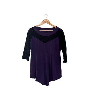 Purple Tunic Top With Black Lace 3/4 Sleeves & Flared Hem Size 1X
